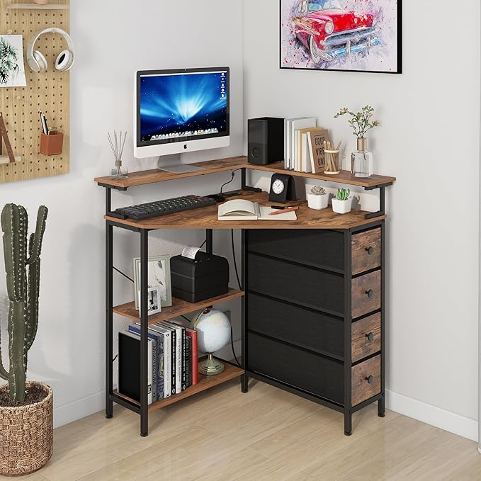 Corner Desk with Drawers Shelves for Small Space 90 Degrees Triangle Computer Desk with Power Outlets,Gaming Desk with LED Lights Monitor Stand for Home Office Workstation Writing Table (Brown)