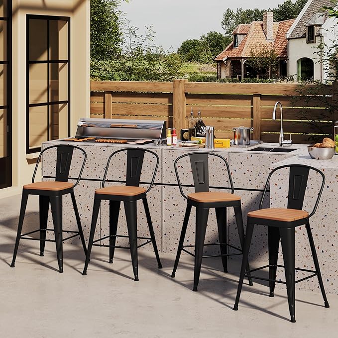 Outdoor Metal Bar Stools Set of 4,30 inch Barstools Counter Height Bar Stool with High Back Farmhouse Kitchen Dining Chairs Bar Funiture for Outside