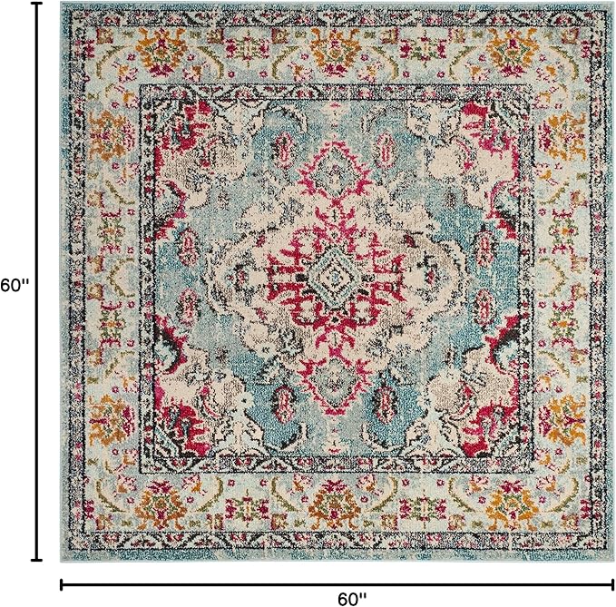 SAFAVIEH Monaco Collection Area Rug - 5' Square, Light Blue & Fuchsia, Boho Chic Medallion Distressed Design, Non-Shedding & Easy Care, Ideal for High Traffic Areas in Living Room, Bedroom (MNC243J)