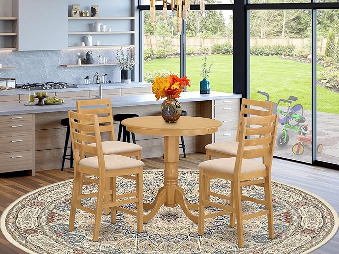 East West Furniture JACF5-OAK-C 5 Piece Counter Height Pub Set Includes a Round Dining Table with Pedestal and 4 Linen Fabric Upholstered Kitchen Chairs, 36x36 Inch, Oak
