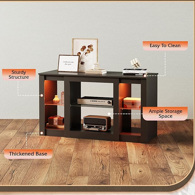 WLIVE TV Stand for 43 Inch TV, Modern Entertainment Center with LED Lights & Adjustable Glass Shelves, Sturdy Media Console for Living Room, Bedroom,Gaming (Black)