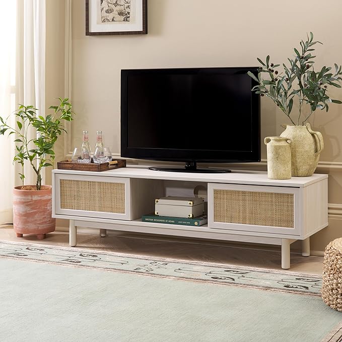 SAFAVIEH Aino TV Stand for up to 60" Flatscreen – Bleached White & Natural Rattan, 2 Sliding Doors with Interior Storage, 1 Open Shelf, Entertainment Media Console (MED9619C)