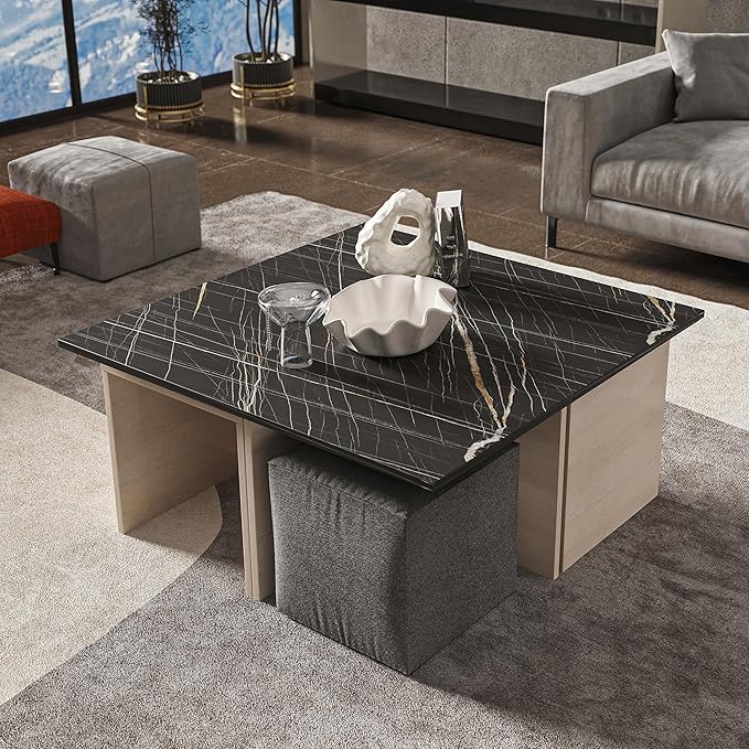 Manhattan Comfort Haley Mid Century Modern Coffee Table & Ottoman Set with Nested Design for Small Spaces, Versatile Living Room Furniture, Accent Decor, White and Black Marble