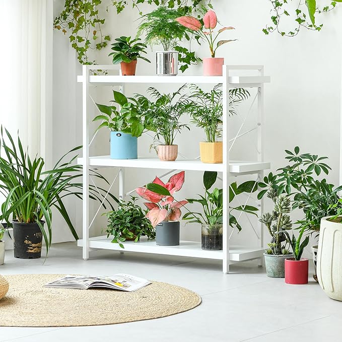 HCHQHS Bookshelf, 3-Tier Industrial Bookcase, White Open Book Shelf, Freestanding Horizontal Bookshelves with Metal Frame