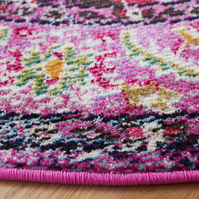 SAFAVIEH Monaco Collection Area Rug - 5' Round, Violet & Fuchsia, Boho Chic Medallion Distressed Design, Non-Shedding & Easy Care, Ideal for High Traffic Areas in Living Room, Bedroom (MNC243P)