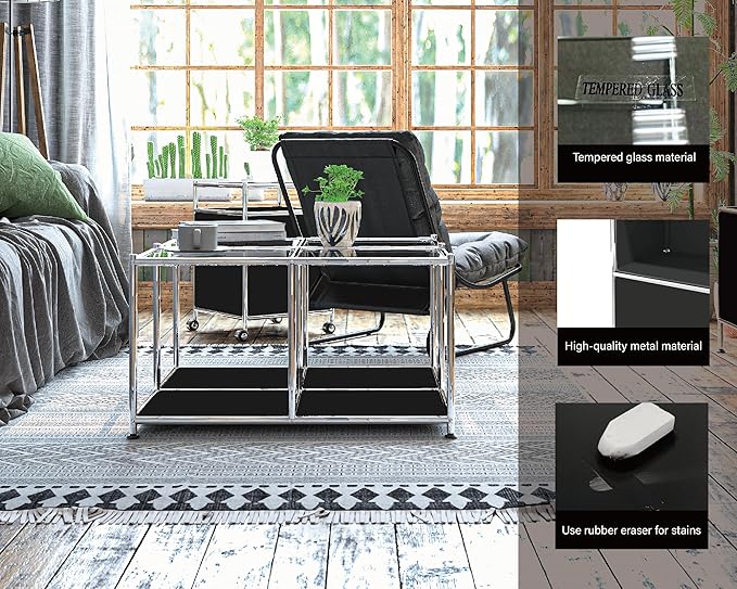 Matte Coffee Table with Open Storage, Square Tempered Glass Storage Rolling Coffee Table, Modern Design for Living Room, Meeting Room (Black)
