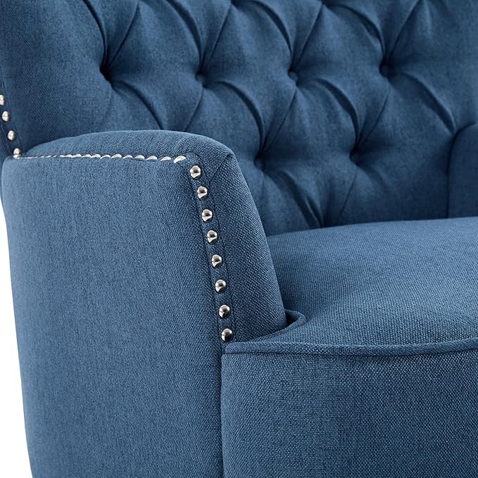 Ball & Cast Accent Chair,Mid-Century Lounge Living Room Chairs with Button Tufting,Upholstered Reading Accent Chair W/Solid Wood Legs and Curved Backrest,for Bedroom,Apartment,Navy Blue