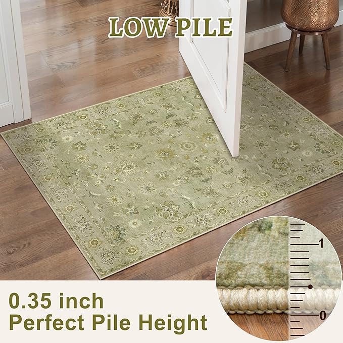 Tangsoo 2x5 Washable Runner Rug for Hallways, Non Slip Floral Vintage Runner Rugs, Soft Low Pile Long Rug, Print Distressed Green Carpet Runners for Kitchen Bedroom Entryway Bathroom Living Room