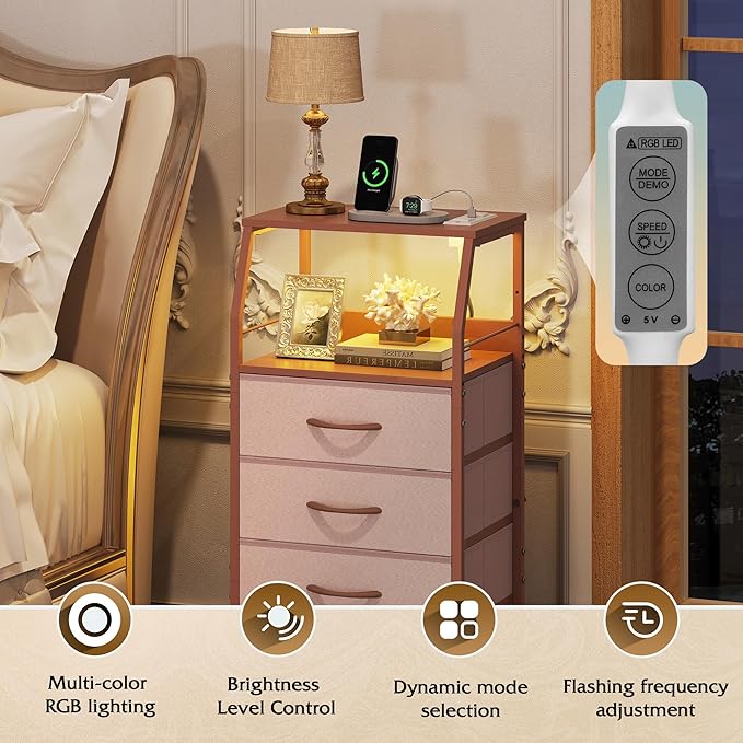 WLIVE 4 Drawer Dresser for Bedroom, 37" H Nightstand with Charging Station and Led Light, Tall Night Stand Bed Side Table, End Table with USB Ports and Outlets, Fabric Bins, Wood Shelf, Pink