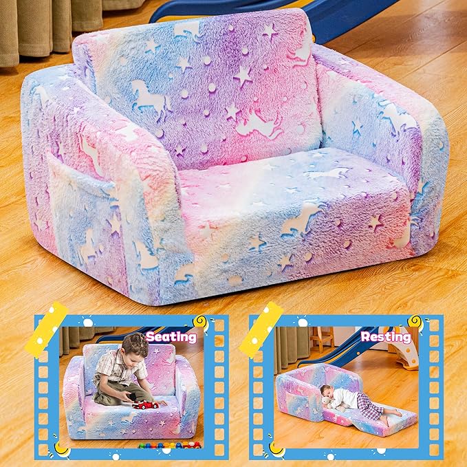 Lamerge 2-in-1 Soft Toddler Couch Fold Out,Foldable Toddler Chair, Glow in The Dark Kids Sofa for playroom,Convertible Foam and Floor Cushion for Boys and Girls (Rainbow and Unicorn)
