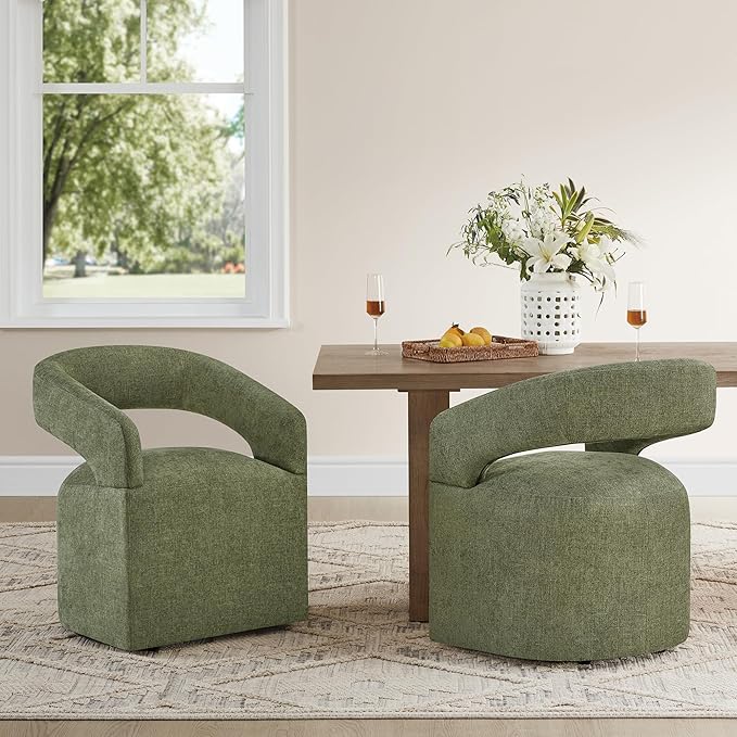 Upholstered Dining Chairs with Removable Casters Barrel Side Armchair with Rollers for Diningroom Bedroom Livingroom Reading Room, Green, 4PCS