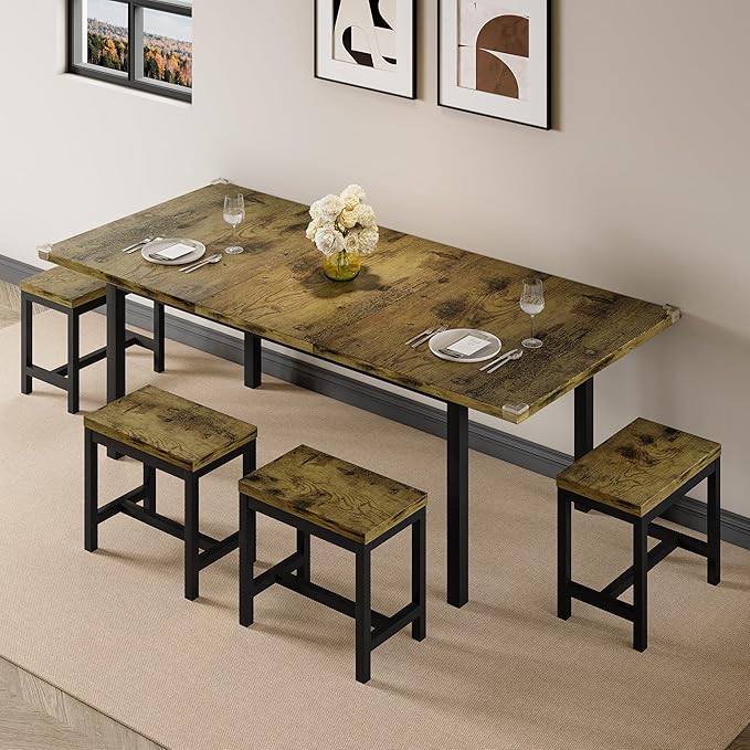 7-Piece Dining Table Set, 63" Extendable Kitchen Room Table with 6 Stools, Mid Century Modern Dinner Table with Metal Frame & MDF Board, Space-Saving, Easy Assembly, Rustic Brown