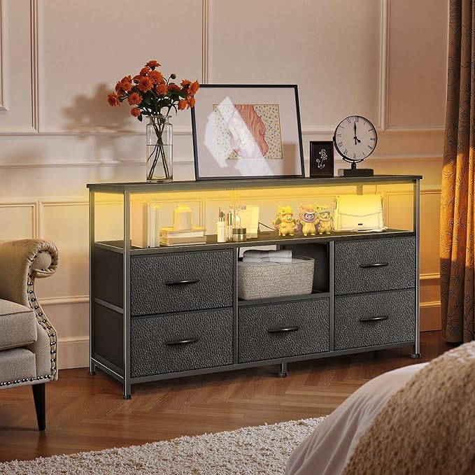 TV Stand for Bedroom, 47 Inch Dresser TV Stand for 43, 50, 55 Inch TVs, 5 Drawers Entertainment Center with Storage, LED Lights & Power Outlets, Media TV Console Table for Living Room, Black