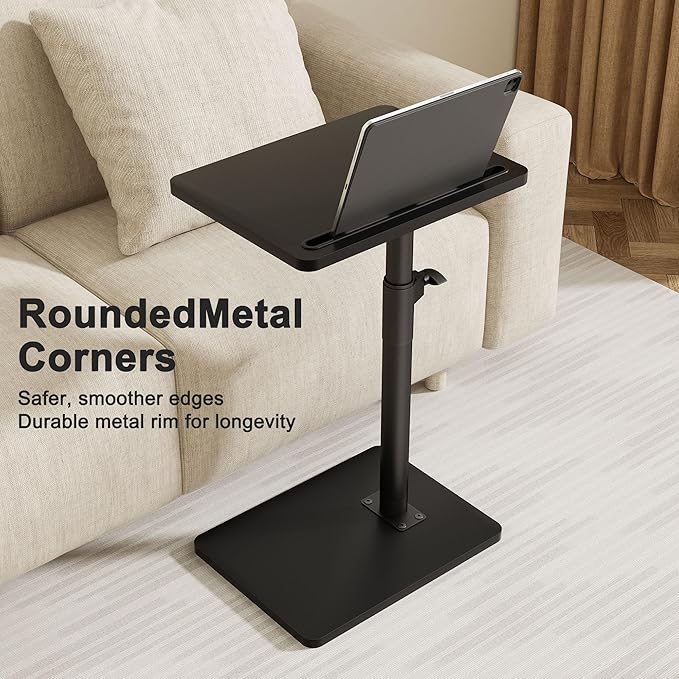 Sofa Armrest Tray Table for Couch - 360° Swivel Height Adjustable End for Small Spaces, Snack Side Table for Bed or Chair with Phone & Tablet Slot (Black,Standard)