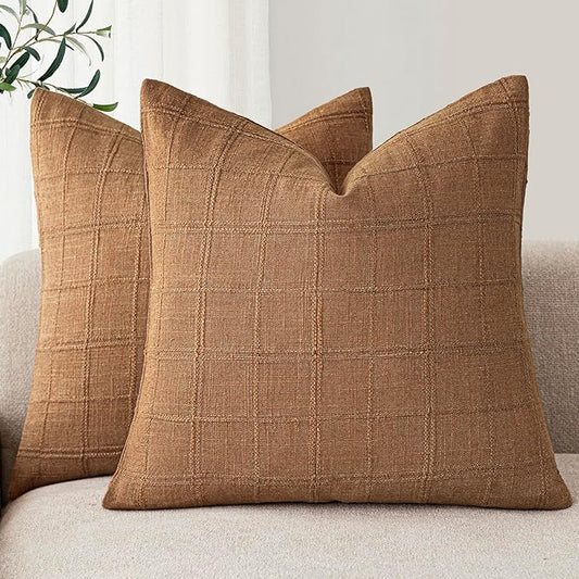 Foindtower Set of 2 Decorative Linen Check Throw Pillow Covers Neutral Farmhouse Vintage Cushion Covers Modern Boho Home Decor for Sofa Chair Couch Bedroom Living Room Outdoor,24×24 Inch,Brick