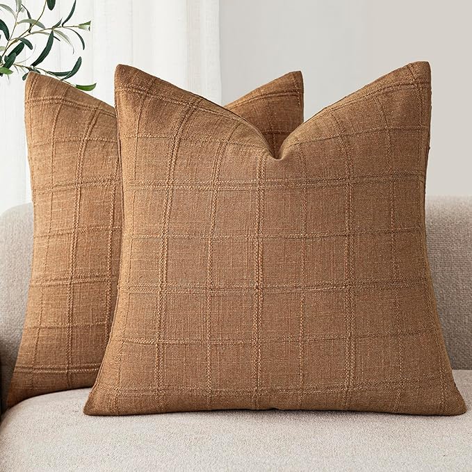 Foindtower Set of 2 Decorative Linen Check Throw Pillow Covers Neutral Farmhouse Vintage Cushion Covers Modern Boho Home Decor for Sofa Chair Couch Bedroom Living Room Outdoor,22×22 Inch,Brick