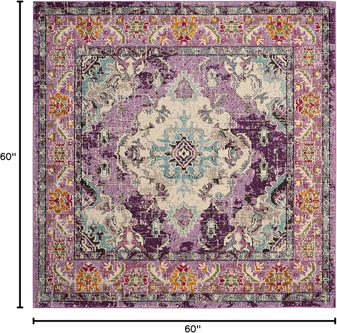 SAFAVIEH Monaco Collection Area Rug - 5' Square, Violet & Light Blue, Boho Chic Medallion Distressed Design, Non-Shedding & Easy Care, Ideal for High Traffic Areas in Living Room, Bedroom (MNC243L)