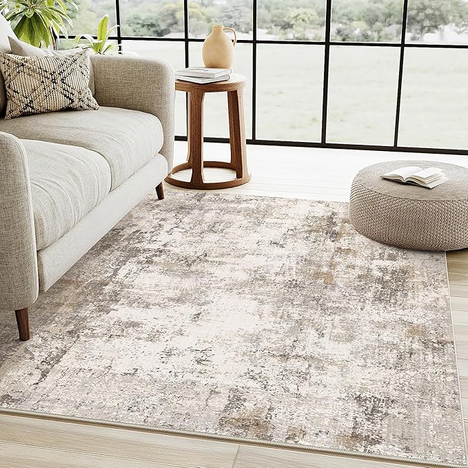 4x6 Washable Area Rug Brown Grey Neutral Abstract Entryway Kitchen Non Slip Low Pile Throw Rug Living Room Bedroom Indoor Doormat Soft Carpet for Entrance Bathroom Office