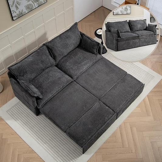 Furnimart 73.6" King Size Pull Out Sofa Bed, 3 in 1 Convertible Sleeper Bed with USB/C-Type Charging Ports & Side Pockets, Modern Futon Couch for Living Room, Apartment, Bedroom, Corduroy Dark Grey