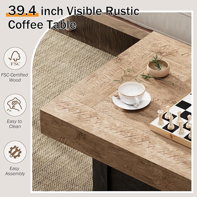 Coffee Table 39 in Rustic Center Table with X-Design Wooden Pedestal for Living Room, Space Saving, Easy Assembly Rectangle Home Office Tea Accent Table for Apartment, Dark Oak Black