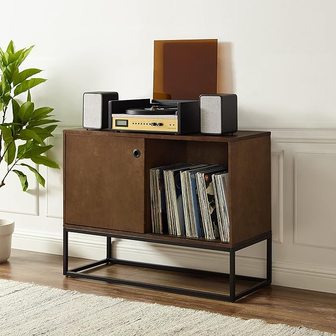 Crosley Furniture Byron Media Console and Record Player Stand with Storage for Vinyl Records, Brown/Black