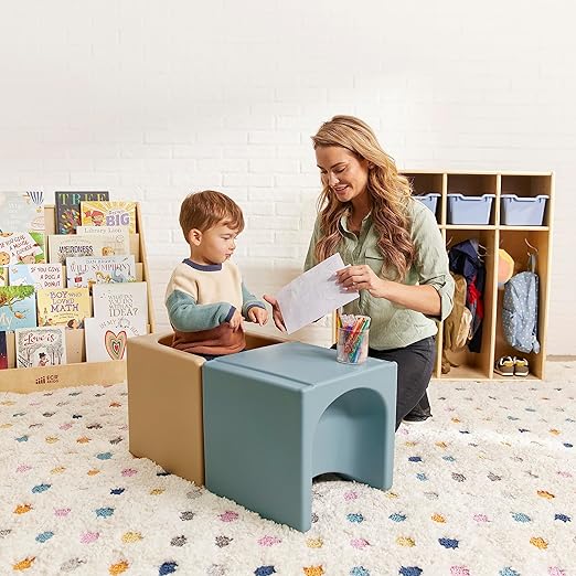 ECR4Kids Tri-Me Table and Cube Chair Set, Multipurpose Furniture, Powder Blue, 3-Piece