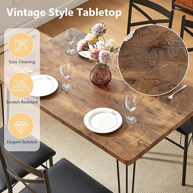 VECELO 5-Piece Dining Table Set for Home Kitchen Small Space Breakfast Nook, 4 Faux Leather Metal Frame Chairs, Retro Brown