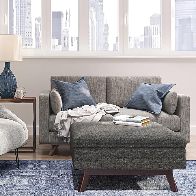 SIMPLIHOME Owen 34 inch Wide Mid Century Modern Rectangle Coffee Table Storage Ottoman in Ebony Tweed Look Fabric, Assembled, for the Living Room, Entryway and Family Room