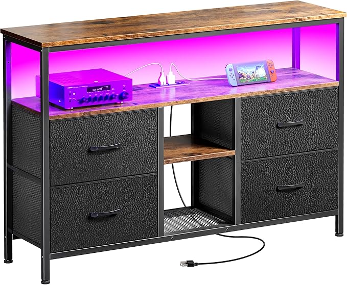Huuger TV Stand Dresser with Power Outlets and LED Lights, 4 Drawers Entertainment Center with Open Shelf, Media Console for 50 43 Inch TV, Dresser with PU Finish, Rustic Brown and Black