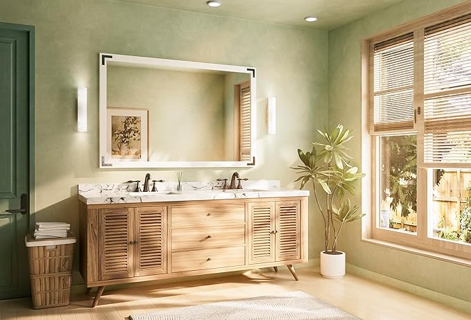 TETOTE 55 x 36 White Wood Mirror for Bathroom Wall/Bedroom/Living Room/Entryway Farmhouse Rustic Bathroom Vanity Mirror Waterproof (Horizontal/Vertical Mounted)