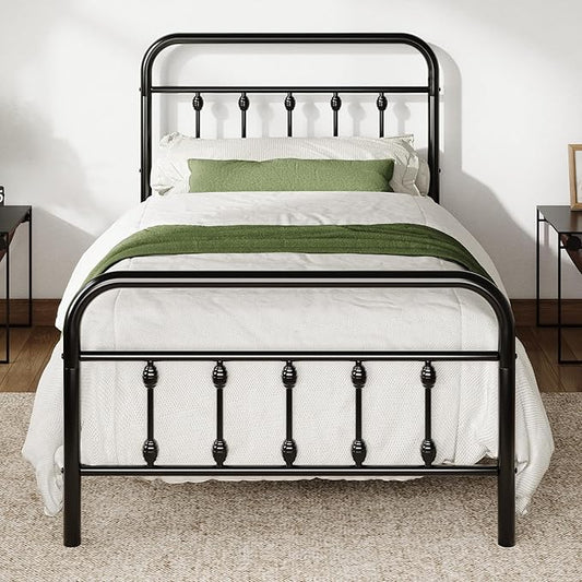 Allewie 14 Inches Twin Size Metal Platform Bed Frame with Victorian Style Iron-Art Headboard/Footboard, Mattress Foundation, Easy Assembly, Under Bed Storage, No Box Spring Required, Black