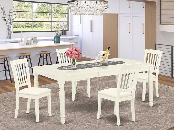 East West Furniture DODA5-LWH-C 5 Piece Modern Dining Table Set Includes a Rectangle Wooden Table with Butterfly Leaf and 4 Linen Fabric Dining Room Chairs, 42x78 Inch, Linen White