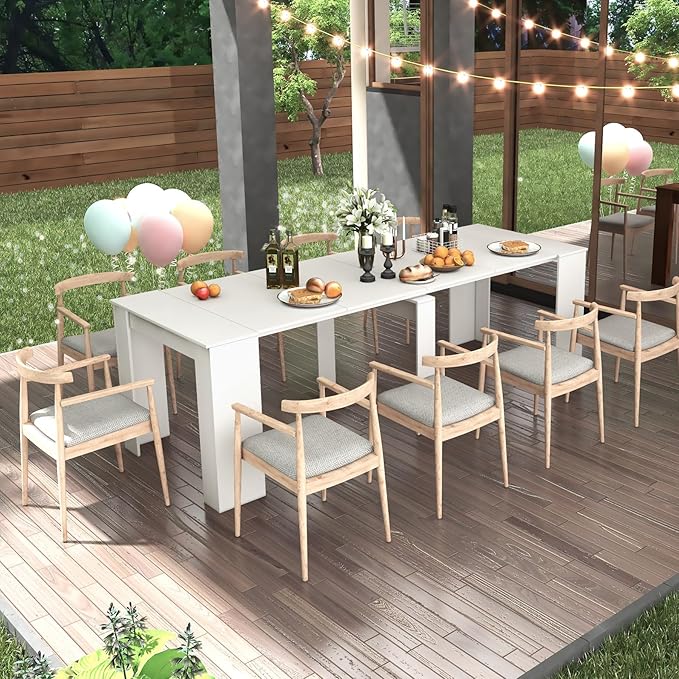 KEIKI 20"-118.5" L Extendable Foldable Dining Room Table for 1-10 People, Wood Multifunctional Rectangle Expandable Console Kitchen Living Meeting Room Furniture, 6 Tabletop Length Options, White