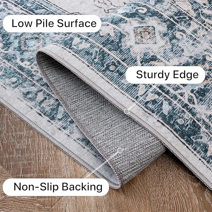 GENIMO 6x9 Area Rugs for Living Room, Non Slip Machine Washable Rugs, Low Pile Chenille Print Rug for Bedroom, Dining Room, Home Office, Blue