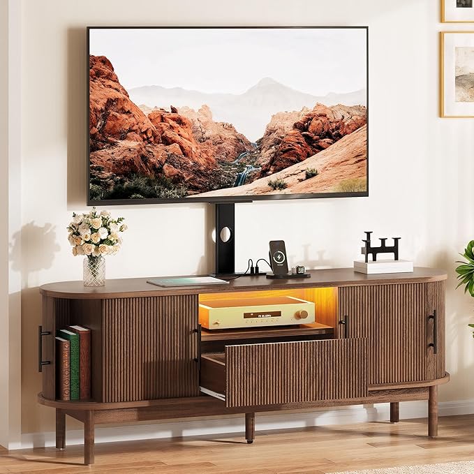 YITAHOME TV Stand with Mount and Power Outlet, Modern Entertainment Center with 3 Height Adjustment TV Mount for 32-70 inch TVs, LED Fluted TV Media Console with Sliding Doors, Curved Profile Design
