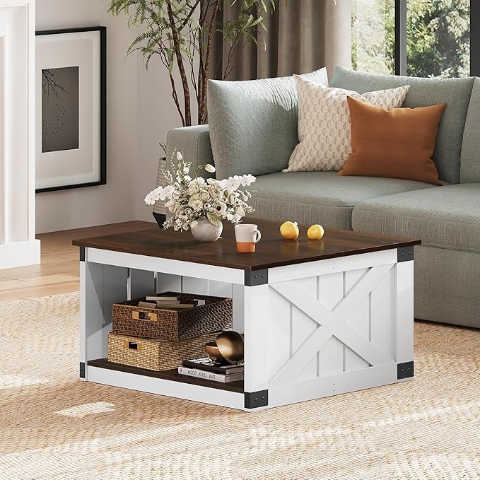 WLIVE Coffee Table, Farmhouse Coffee Table with Open Storage, 31.5" Wood Square Living Room Tables, Rustic Dining Cocktail Center Table for Living Room, Espresso