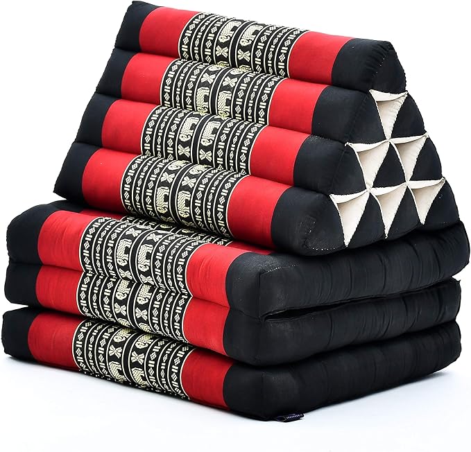 Leewadee - Comfortable Japanese Floor Mattress - Thai Floor Bed with Triangle Cushion - Futon Mattress - Thai Massage Mat, 67 x 21 inches, Black Red, Kapok Filling