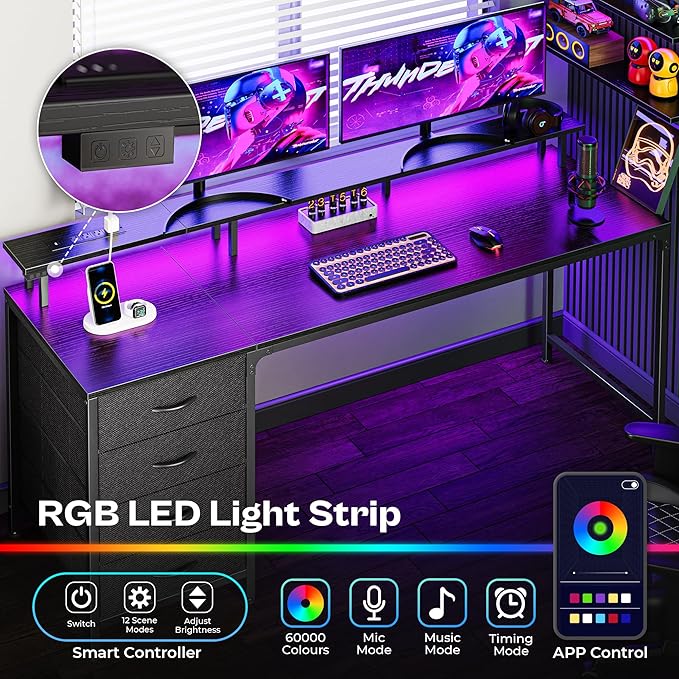 Huuger 63 Inch Computer Desk with Power Outlets and LED Lights, Gaming Desk with 4 Drawers, Office Desk with Monitor Stand, Study Desk Work Desk for Home Office, Black