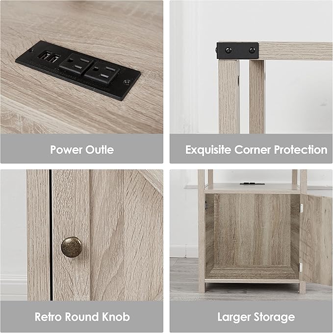 Farmhouse Nightstand with Charging Station, Rustic End Table Bedroom with Storage Living Room Side Table Beige Night Stand Industrial Bedside Bed Table with USB Ports and Outlets