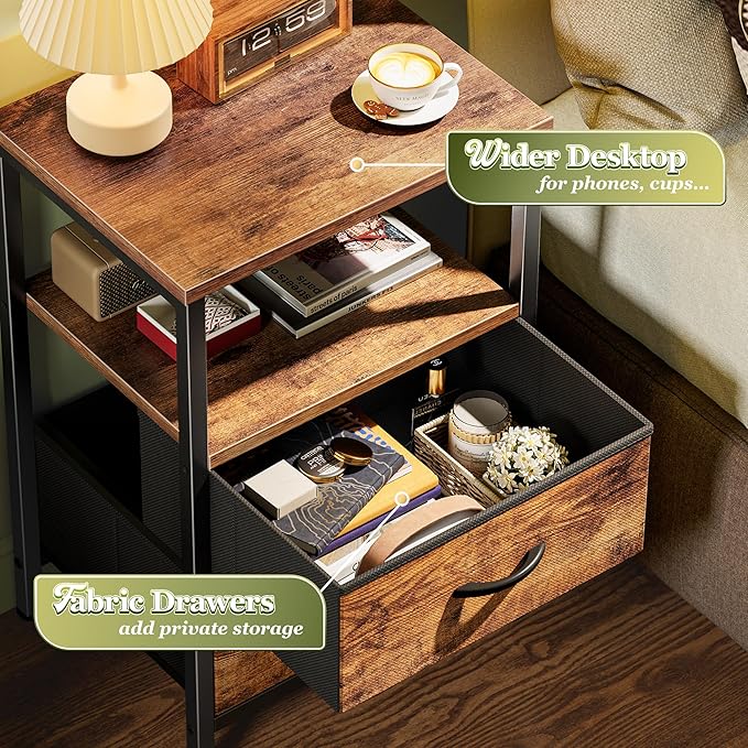 Huuger Night Stand with 2 Drawers, Bed Side Table with Open Shelf, Wooden Top, Nightstand for Bedroom, End Table for Small Space, Fabric Drawer, Rustic Brown