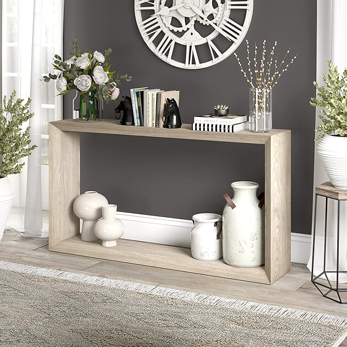 Henn&Hart 55'' Wooden Rectangular Console Table Entryway Table, Sofa Table with Wooden Shelf for Entryway, Living Room, Couch, Hallway, or Office, Antiqued Gray Oak