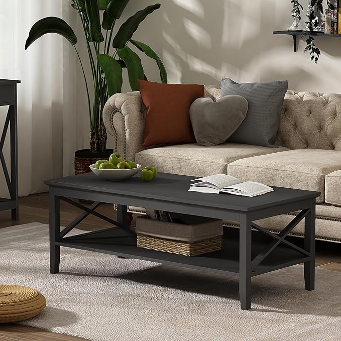 ChooChoo Coffee Table with Thicker Legs, Black Wood Coffee Table with Storage for Living Room, 47 inch