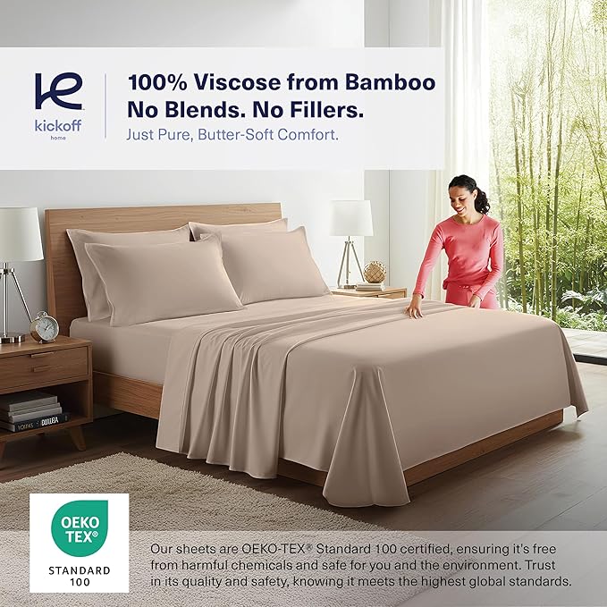 Kickoff Viscose Bamboo Sheets King Size 4-pc 100% Organic Bamboo Viscose Bed Cooling Sheets King Size Set Cool Bedding for hot Sleepers Sheet, Flat, Fitted, Pillowcases (Iced Latte,K)