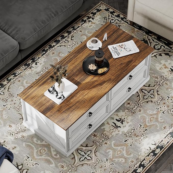 Farmhouse Coffee Table with Drawers 47 in Living Room Tables with Storage, Wooden Rustic Center Table for Reading Playing Room Home Accent Table for Dining Room Apartment, Antique White Walnut