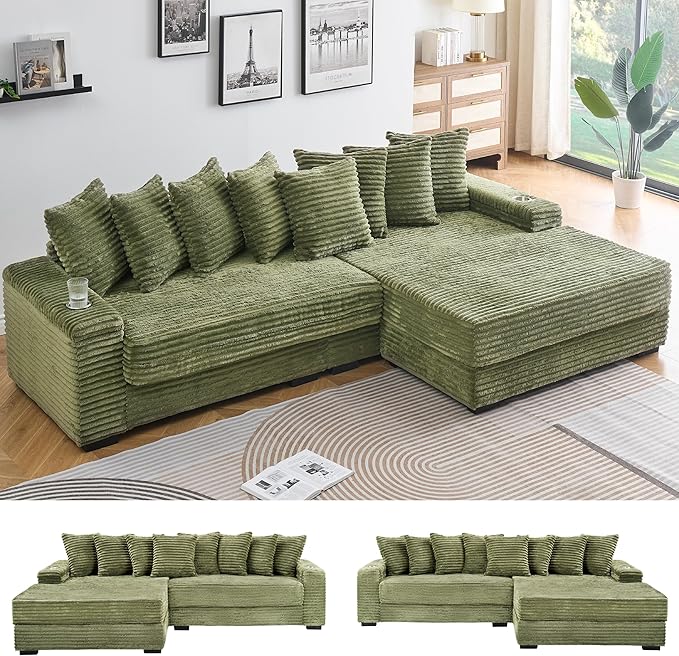 KEIKI 114" Corduroy Sofa with Cup Holders & Storage, L Shaped Sleeper Cloud Couch Set w/Reversible Chaise Lounge, Living Room Oversized Upholstered SofaBed for Apartment, Easy Assembly, Green