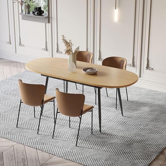 75" x 32" Extendable Dining Table - Oval Wooden Table Top with Metal Legs, Space-Saving Extendable 59" to 75" Dining Kitchen Table (Oval, Natural)