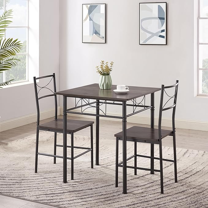 JOIN IRON 3-Piece Metal and Wood Indoor Modern Square Dining Table Furniture Set for Kitchen, Dining Room, Dinette, Breakfast Nook w/ 2Chairs - Gray