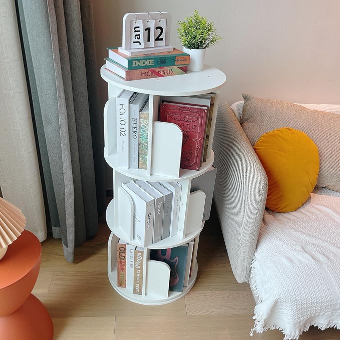 Heehee Wooden Rotating Bookshelf 360 Display Floor Standing Bookcase Storage Rack for Kids&Adults Multi-Functional Bookshelf Organizer (White (3-Tier))