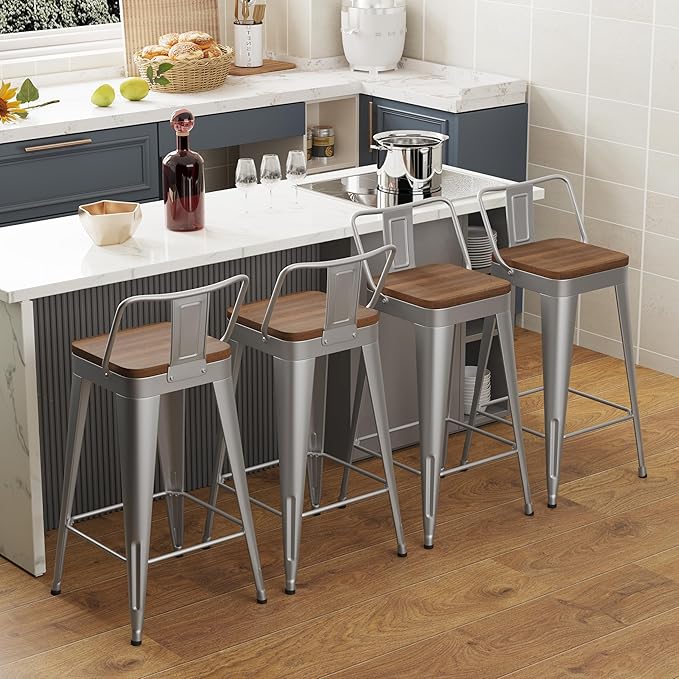 WENTMENT Bar Stools Set of 4 Counter Height Stools with Removable Back 30" Kitchen Bar Stools with Wooden Seat, Silver