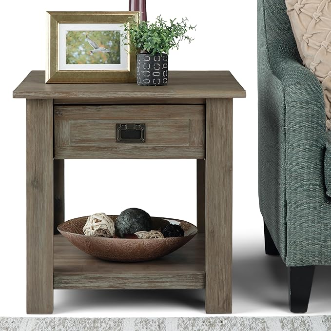 SIMPLIHOME Monroe SOLID ACACIA WOOD 22 inch Wide Square Rustic End Table in Distressed Grey for the Living Room and Bedroom